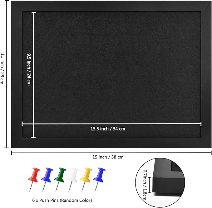 2P Cork Board Bulletin Board, Pin Board Wood Framed Display with Felt, Cork Boards for Wall, Jewelry, Notes, Memos, Photos, Home, Kitchen, Office, School, 15"x11", Wood Framed(Black) & Felt(Black)