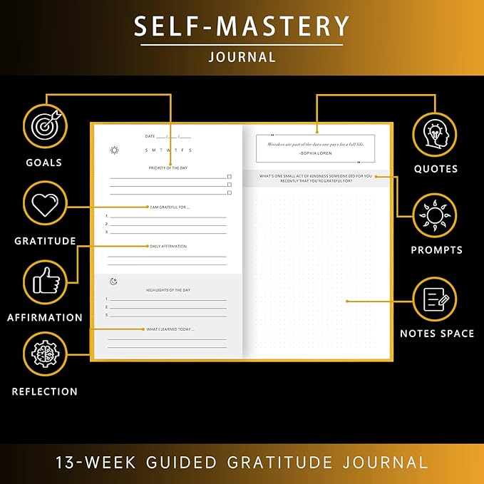 Self-Mastery Journal for Men - Gratitude and Productivity Journal for More Happiness, Positivity, Growth, Mindfulness, Self Care and Reflection - Guided Inspirational Journal for Men (Yellow)