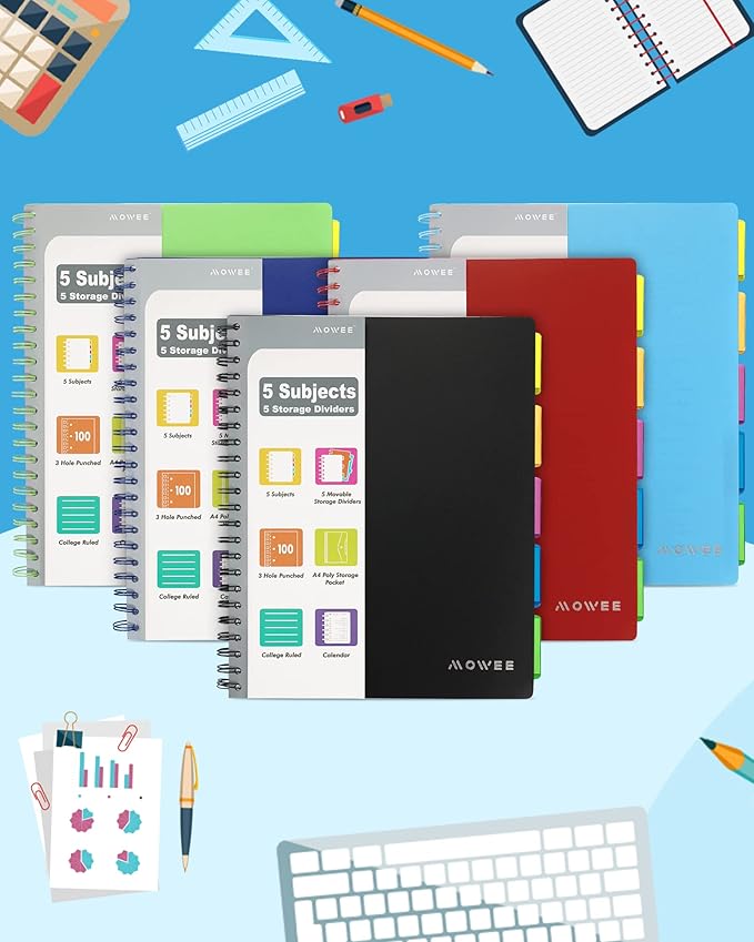 Spiral Notebook - 5 Subject Notebook, College Ruled Notebook With Dividers Pocket, Tabs Label, 11" Ruler, 100 Sheets of 200 Pages, for Writing Journal, Home & Office, School Supplies,
