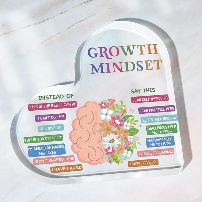 Growth Mindset Decor, Therapy Office Mental Health Classroom Art Educational Challenging Thoughts Affirmation Decorations Positive Sayings Inspirational Gifts Acrylic Heart Inspirational Gift for