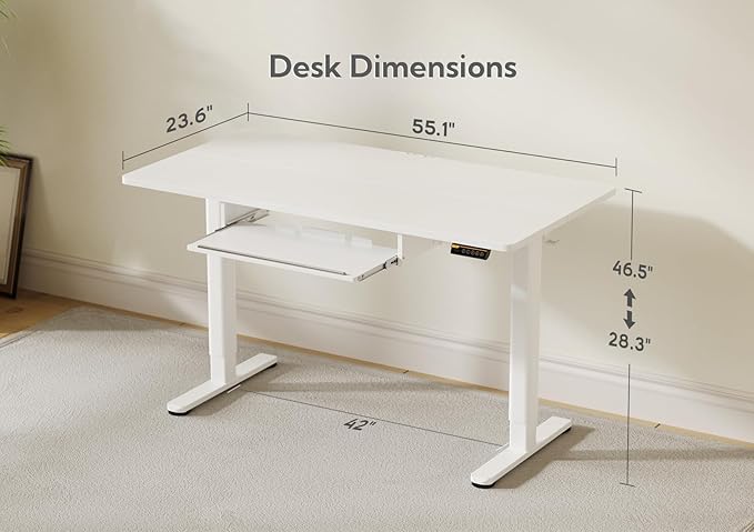 Standing Desk with Keyboard Tray, Electric Standing Desk Adjustable Height, 55x24 Inches Sit Stand up Desk with Splice Board, Raising Desk for Home Office, White