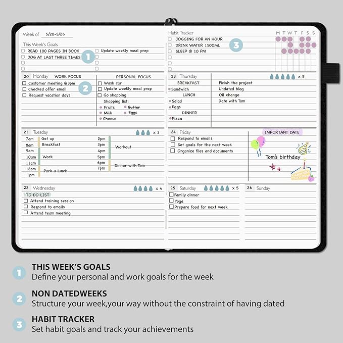 Undated Weekly and Monthly Planner, Cofullsky Weekly To Do List Planner Notebook with Unique Lettering Ribbon A5 Size Personalized Present Suitable for Women Men Teachers Kids (Letter C)