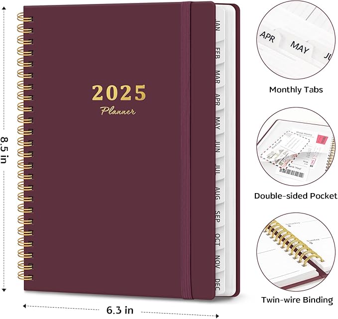 2025 Planner Weekly and Monthly, Jan 2025 - Dec 2025, Hardcover 2025 Calendar Planner Book with Monthly Tabs, Inner Pocket, Aesthetic Planner 2025 for Office Home School Planning - A5 (6.3" x 8.5"), Spiral Bound, Wine Red