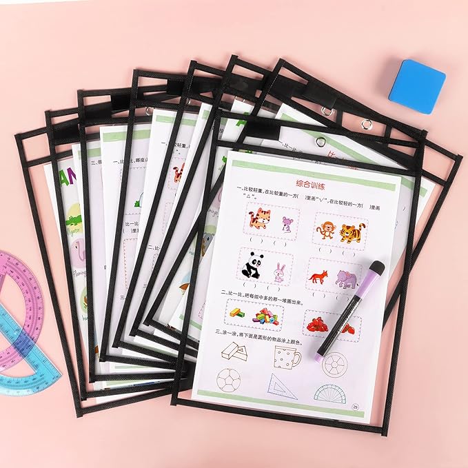 Tamaki 8 Pack Dry Erase Pockets Sleeves with Rings, 10 x 14 Inch Ticket Holders Clear Plastic Sleeves Sheet Protectors for Teacher Classroom Sleeves, Black