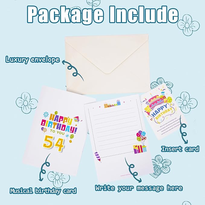 Gumry 54TH Musical Birthday PopUp Card, Blowable Colorful Light Candle 3D Cards with Song, Applause Cheers Sound, Greeting Cards Birthday Gifts Decorations for Women Men Turning 54 Years Old