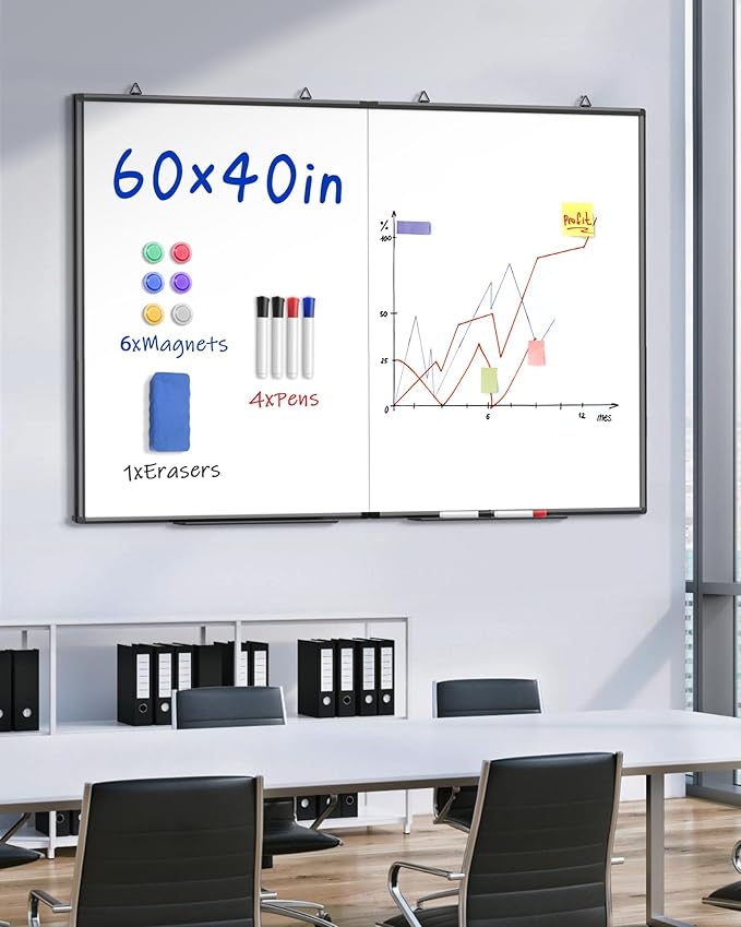 60"X 40" Large Magnetic Dry Erase Whiteboard, Wall Hanging Board with 4 Dry Erase Markers & 1 Dry Erasers & 6 Magnets, Aluminum Frame Black