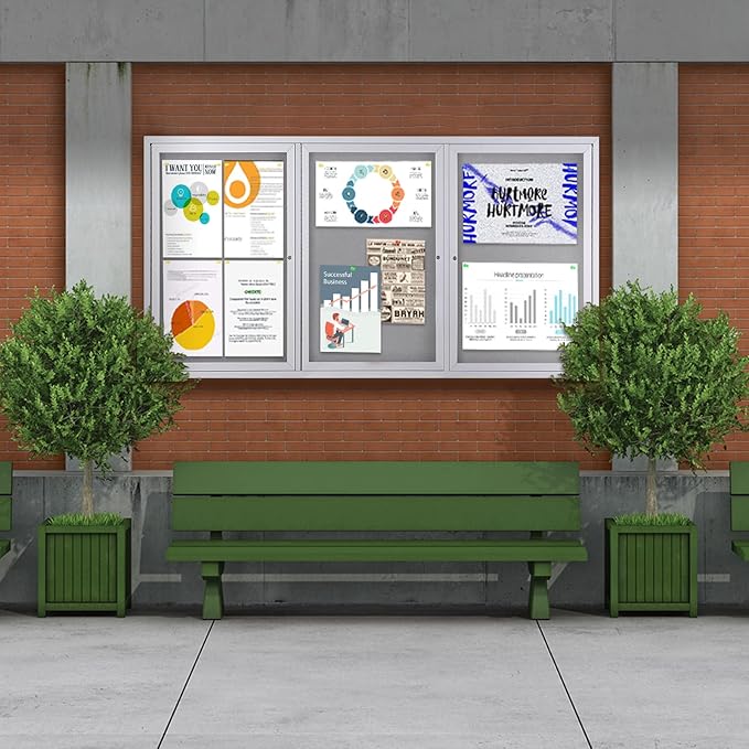 SWANCROWN Weather Resistant Enclosed Bulletin Board Gray Fabric Displays Boards Wall Mounted Notice Cabinet with Three Locking Doors, 70x36 inches