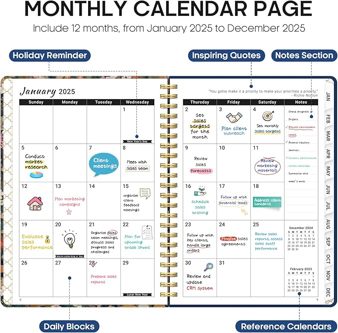 2025 Planner, Weekly and Monthly Planner, 12 Month (Jan 2025 - Dec 2025), Hardcover 2025 Calendar Planner Book with Monthly Tabs, Inner Pocket, Spiral Bound, Perfect for Office Home School Supplies - A5 (6.3" x 8.5"), Petals