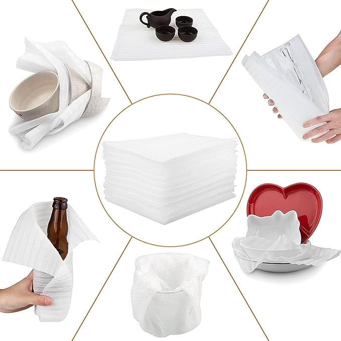 Foam Wrap Cushion Sheets12x12 Inch, 50 Pack Safely Wrap to Protect Dishes, Glasses, Plates and Fragile Items for Moving Boxes - White