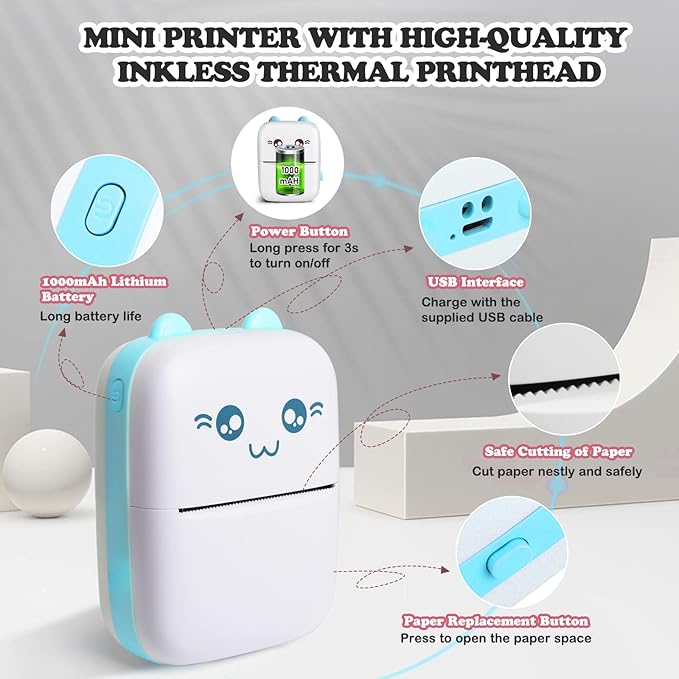 Mini Sticker Printer, Inkless Thermal Printer with 10 Rolls Paper, Portable Bluetooth Pocket Printers for Photo Journal Notes Memo, Compatible with Phone Android or iOS
