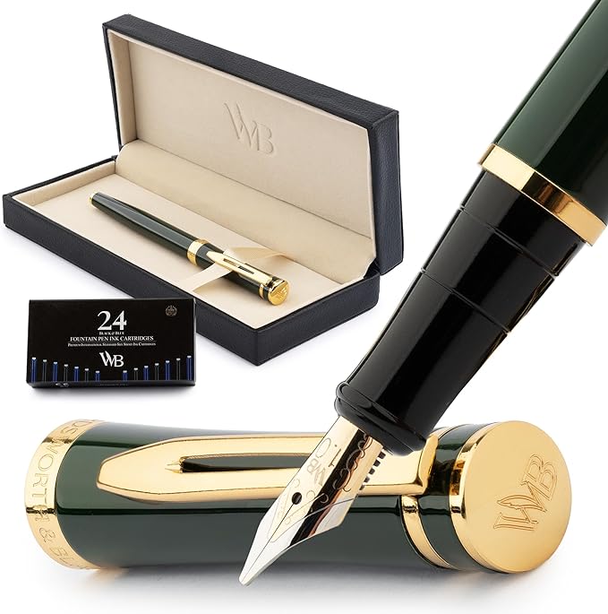 Wordsworth & Black Fountain Pen Set, 18K Gilded Broad Nib, Includes 24 Pack Ink Cartridges, Ink Refill Converter & Gift Box, Gold Finish, Calligraphy, [Racing Green], Perfect for Men & Women