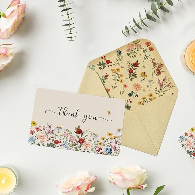 Artoid Mode 36 Pack Wildflower Thank You Cards Vintage Flower Greeting Cards Gift With Envelope Sticker Blank Note Cards for Birthday Wedding Baby Shower Bridal Shower, 4 x 6 Inch