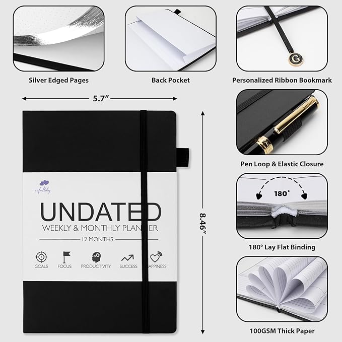 Undated Weekly and Monthly Planner, Cofullsky Weekly To Do List Planner Notebook with Unique Lettering Ribbon A5 Size Personalized Present Suitable for Women Men Teachers Kids (Letter C)