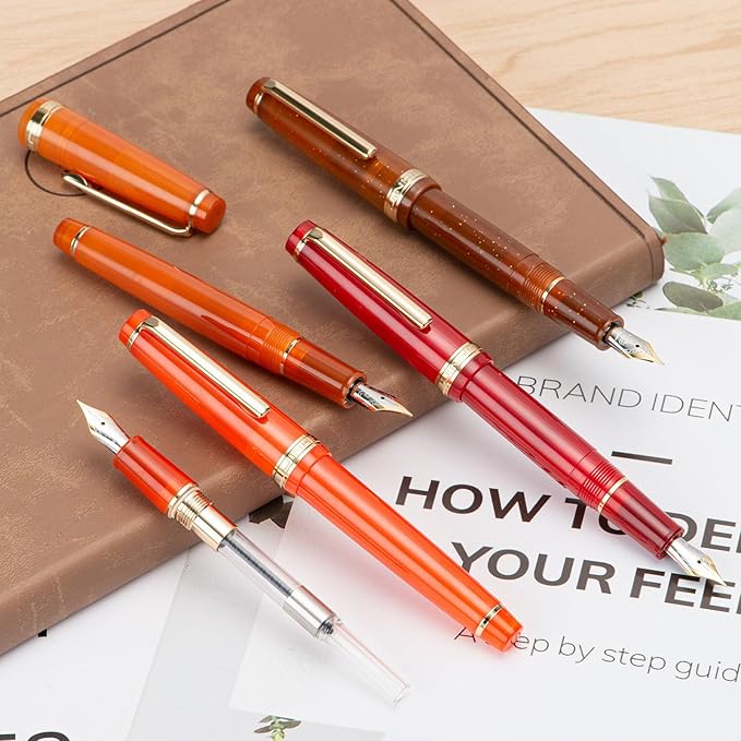 Jinhao 82 Acrylic Fountain Pen, Iridium Extra Fine Nib with Ink Converter, Transparent Red Classic Design Smooth Writing Pen (Gold Trim)