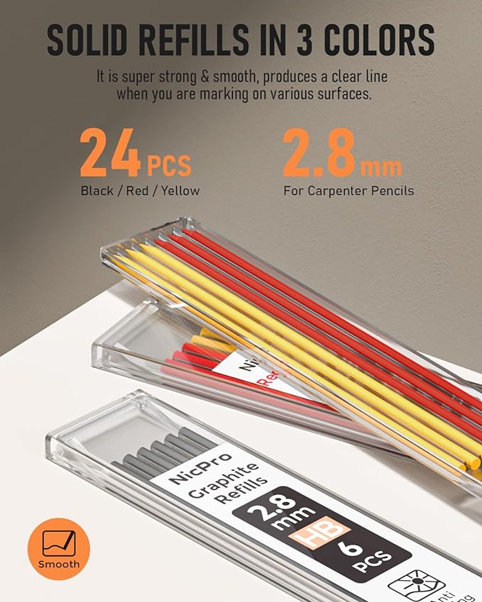 Nicpro 2Pack Carpenter Pencil with Sharpener, Mechanical Carpenter Pencils with 26 Refills (Red, Black, Yellow), Heavy Duty Construction Pencil, Woodworking Pencils for Architect