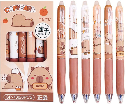 6 Pcs Erasable Gel Pens Capybara Erasable Retractable Cute Pens Cartoon Pens 0.5mm Black Ink Pen Office School Pens Women Girls Boys Pens (Black Ink-Capybara)