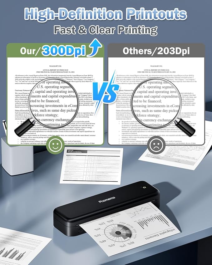 Phomemo M834 Ultra Portable Printer Wireless for Travel, Bluetooth Thermal Printer 8.5" x 11"&A4, Compatible with iOS,Android & PC,Inkless Mobile Printer for Travel,Office,School,Home,Black
