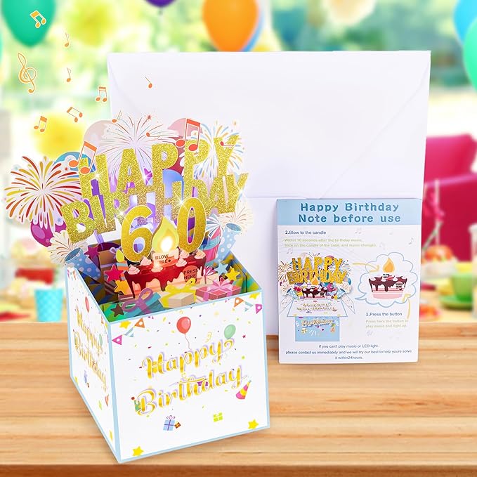 Tnvee 60TH Birthday Cards with Lights & Music & Candle, 3D Pop Up Singing Happy Birthday Greeting Cards Gfits for 60 Years Old Women Man Mom Dad Grandma Grandfa