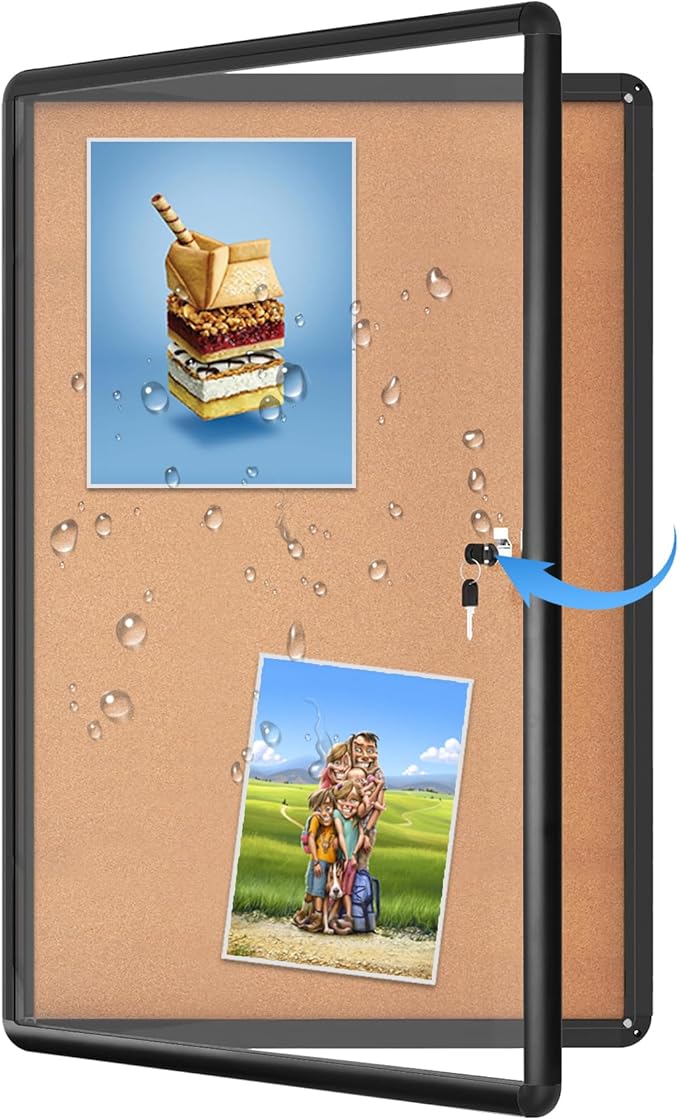 Magula 24"x18" Enclosed Cork Bulletin Board Tamper-Proof Dispaly Case, Black Aluminium Frame, Shatter Resistant Lockable Bulletin Board, Enclosed Cork Board for School, Office,Commercial,Hospital etc