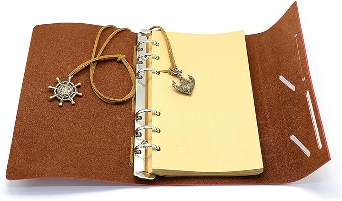 EvZ Leather Writing Journal Notebook, 5 Inches Vintage Nautical Spiral Blank String Diary Notepad Sketchbook Travel to Write in, Unlined Paper, Retro Pendants, Classic Embossed, Black