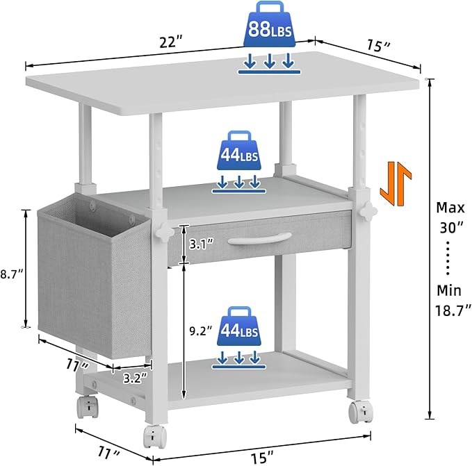 22"x15" Large Printer Stand with Storage Drawer and Side Bag, 3-Tier Height Adjustbale Printer Table for Home Office, Rolling Printer Cart fit Heat Press/Laser printer/3D Printer(White)