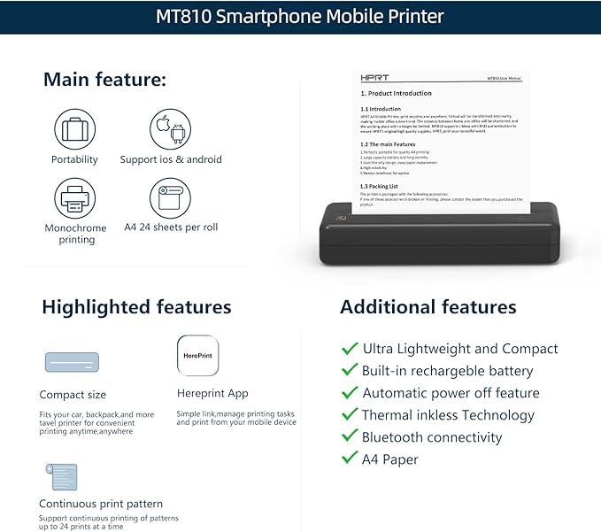 HPRT Wireless Portable Printer - Bluetooth Thermal Printer for Travel, Mobile Office, School, Home Compatible with iOS Android