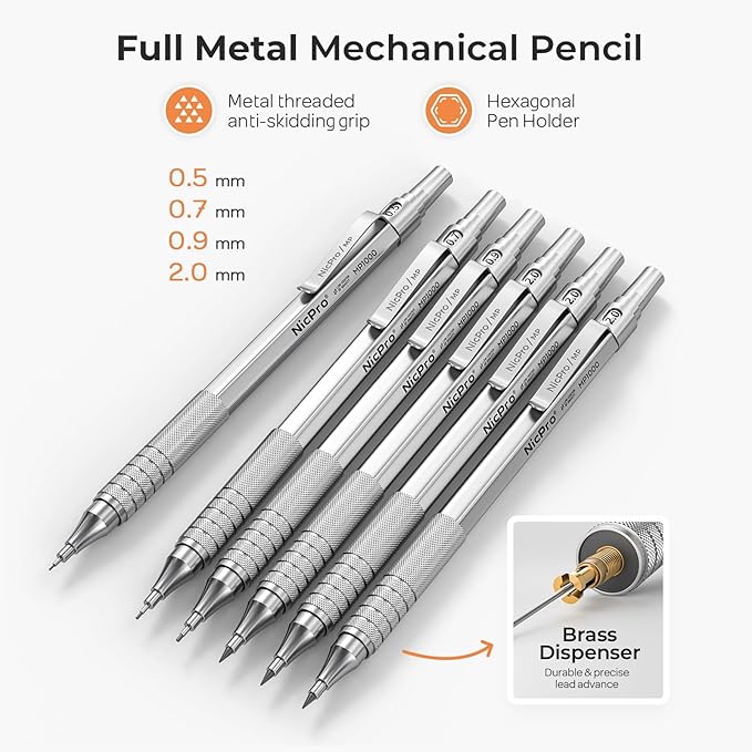 Nicpro 35PCS Black Metal Mechanical Pencils Set in Case, Art Drafting Pencil 0.5, 0.7, 0.9 mm & 3PCS 2mm Graphite Lead Holder for Drawing Sketching With 20 Tube Lead Refills(6B 4B 2B HB 2H 4H Colors)