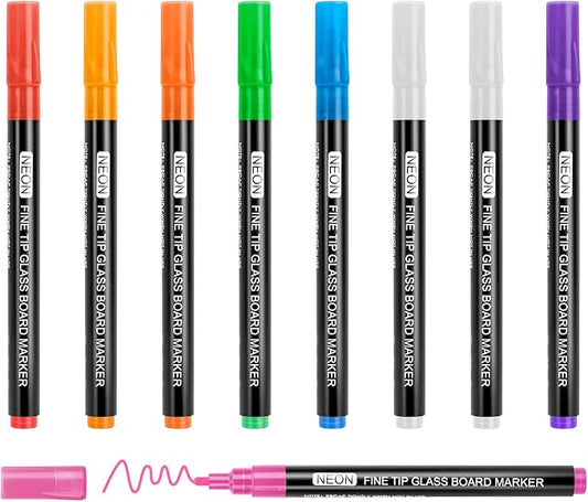 maxtek Neon Dry Erase Markers Fine Tip,Liquid Chalk Markers for Chalkboard,LED Note Board,Acrylic,First Day of School Board,Glass,Windows,1mm Fine Point,Assorted Colors,9 Count