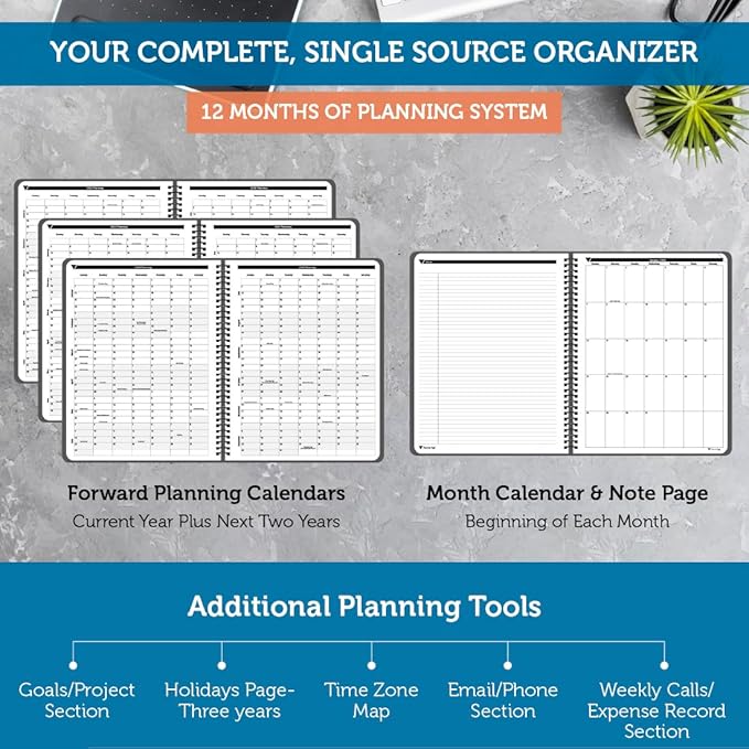 Planner Pad Spiral Bound July 2024 – June 2025 / Academic Year, 8 1/2" x 11" Large, 3-Tier Funnel Down 12 Month Organizer, Black Cover/Black Ink