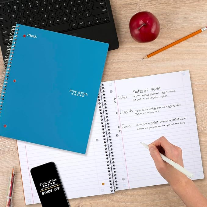 Five Star Spiral Notebook + Study App, 3 Subject, Wide Ruled Paper, 150 Sheets, 10-1/2" x 8" Sheet Size, Tidewater Blue (73184)