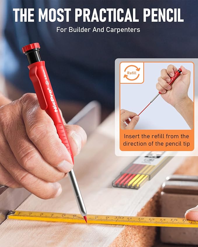 Nicpro 5 Pack Carpenter Pencil with Sharpener & Holders, Mechanical Carpenter Pencils Set with 53 Refills, Deep Hole Marker Woodworking Pencils, Heavy Duty Construction Pencils for Architect-With Case