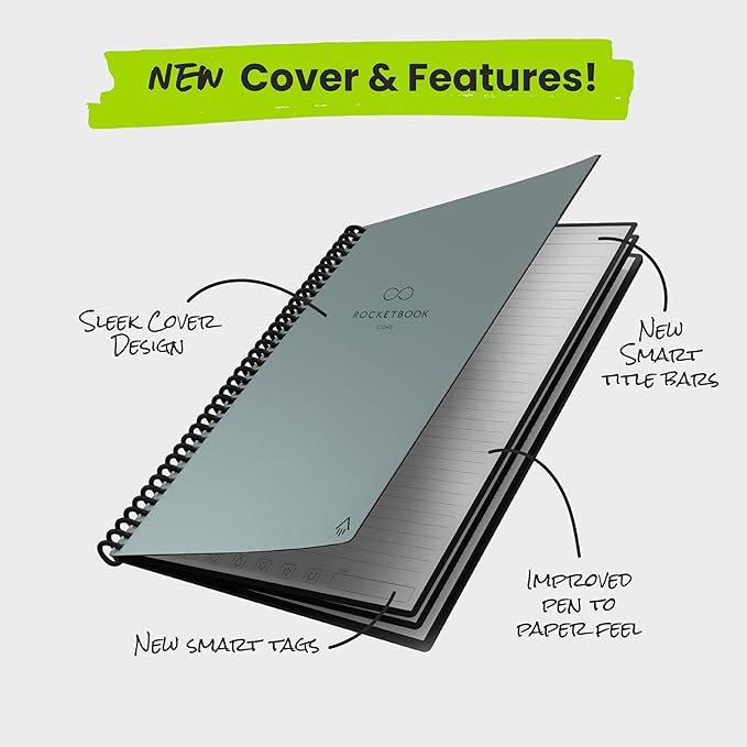 Rocketbook New Core Reusable Spiral Notebook, Letter Size 8.5x11, Gray - Lined Pages, App-Connected, Erasable, Durable Cover, Ideal for School, Work, and Creative Projects (Pack of 1)