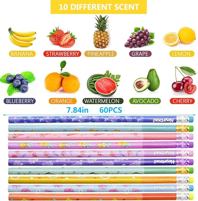 60 Pieces Scented Pencils for Kids Scented Pencils with Erasers Fruit HB Graphite Pencil for School Stationery Party Reward Supplies