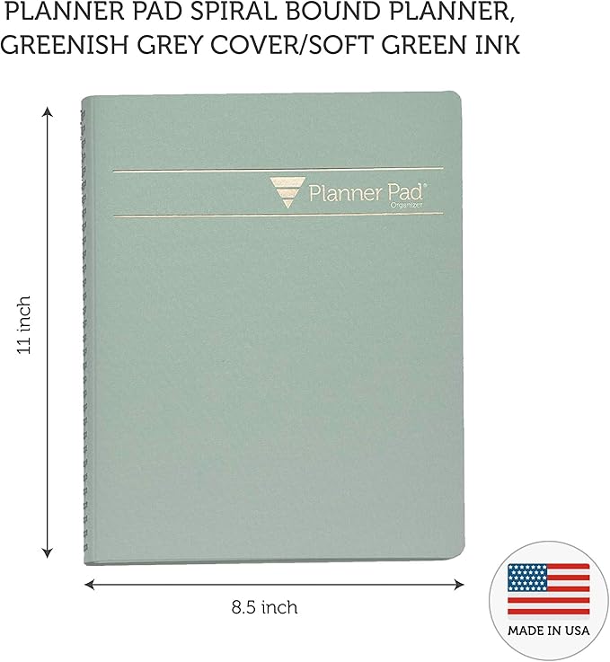 Planner Pad Spiral Bound 3-Tier Funnel Down 12 Month Organizer, Oct 1st Start (Oct 2023 - Sept 2024), Greenish Grey Cover/Soft Green Ink, 8 1/2" x 11"