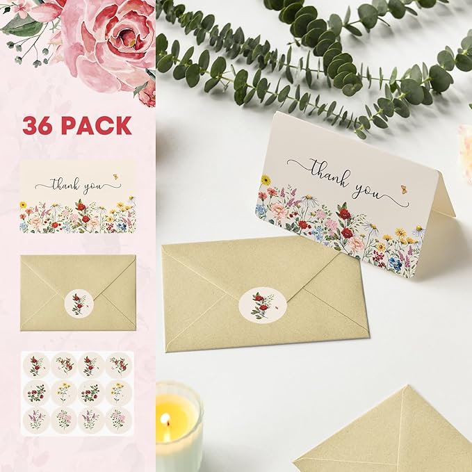 Artoid Mode 36 Pack Wildflower Thank You Cards Vintage Flower Greeting Cards Gift With Envelope Sticker Blank Note Cards for Birthday Wedding Baby Shower Bridal Shower, 4 x 6 Inch