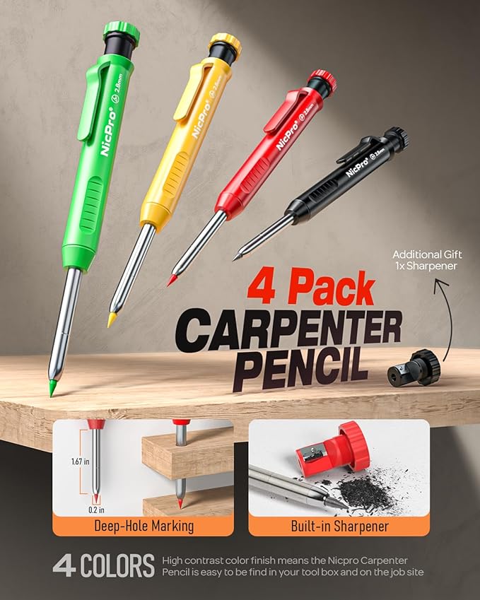 Nicpro 4 Pack Carpenter Pencil with Sharpener & Sleeve, Mechanical Carpenter Pencils Set with 52 Refill, Deep Hole Marker Woodworking Pencils, Heavy Duty Construction Pencils for Architect-With Case
