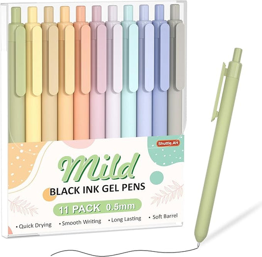 Shuttle Art Retractable Mild Gel Ink Pens, 11 Pack Black Ink Pens, Cute Pens 0.5mm Fine Point Soft Barrel for Writing Journaling Taking Notes School Office Home