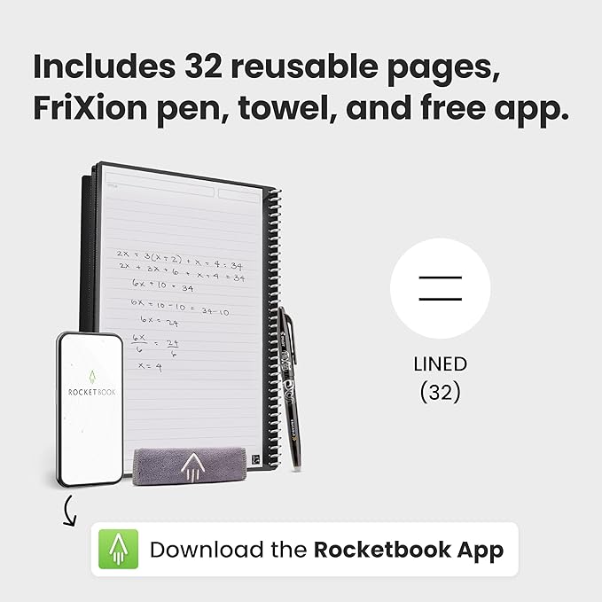 Rocketbook New Core Reusable Spiral Notebook, Letter Size 8.5x11, Black - Lined Pages, App-Connected, Erasable, Durable Cover, Ideal for School, Work, and Creative Projects (Pack of 1)