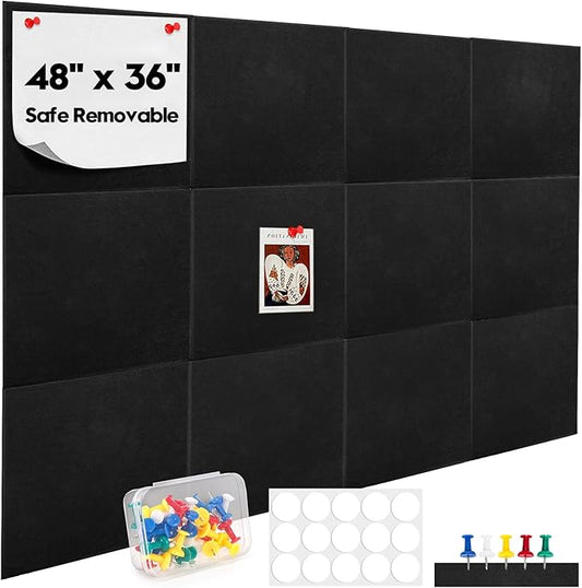 YOUEON 12 Pcs Black Felt Bulletin Board for Wall 12" x 12", Black Cork Board Alternative with Pushpins & Self Adhesive Stickers, Soundproof Wall Tiles, Pin Boards for Home Office School