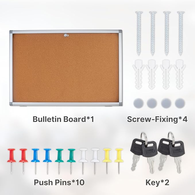 Outdoor Enclosed Cork Bulletin Board Tamper-Proof Dispaly Case, Aluminium Frame, Weatherproof Cork Noticeboard, Enclosed Cork Board for School, Office, Restaurant, Hospital etc（38 * 26inches）