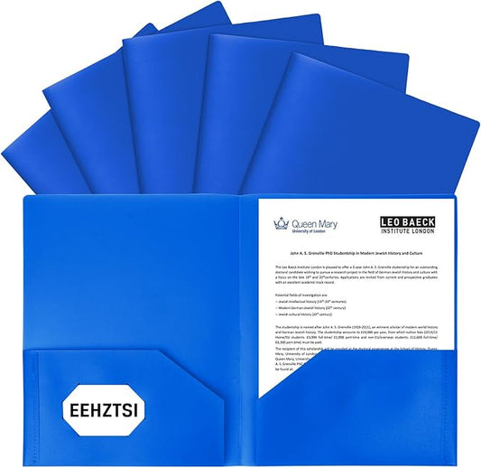 6-Pack Plastic Folders with Pockets,2-Pocket Poly Folders Holds 8-1/2" x 11" Paper for School/Office/Home, Blue