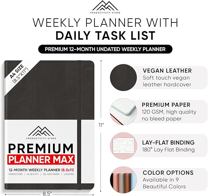 PRODUCTIVITY STORE Pro Max - Undated, 2025 Planner, 8.5" x 11" - The #1 Productivity Planner to Achieve Your 2025 Goals - Planner 2025-2026 - Black - A4