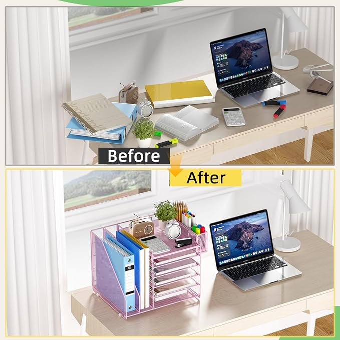 File Organizer for Desk, 6 Tier Desk Organizer Paper Tray with File Holder Pen Holder, Mesh Office Desk Accessories & Workspace Organizers (Pink)