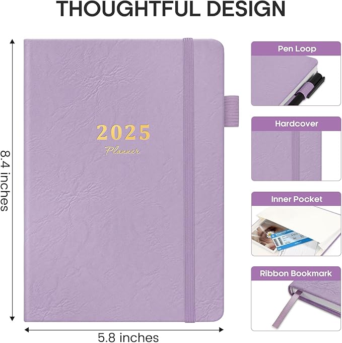 2025 Planner - Weekly and Monthly Planner, January 2025 to December 2025, Hardcover 2025 Calendar Planner Book, Inner Pocket, Perfect for Office Home School Supplies - A5 (5.8" x 8.4"), Purple