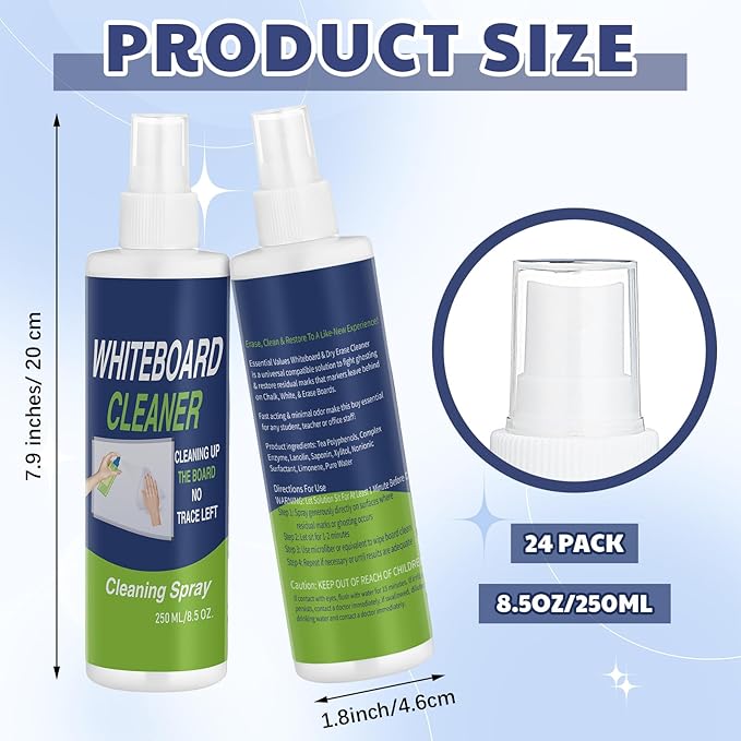 24 Pack Whiteboard Cleaner 8.5oz Dry Erase Board Cleaner White Board Cleaning Spray Dry Erase Cleaner Spray Removes Stubborn Marks from Whiteboard Chalkboard