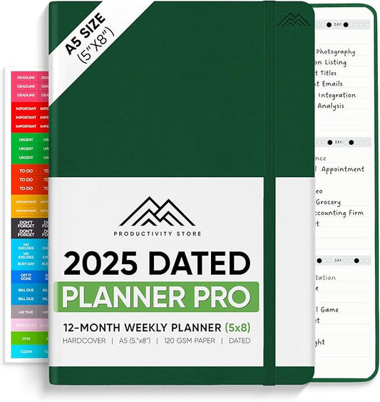 PRODUCTIVITY STORE Pro - Dated, 2025 Planner, 5.8” x 8.3” - The #1 Productivity Planner to Achieve Your 2025 Goals - Planner 2025-2026 - Green - A5