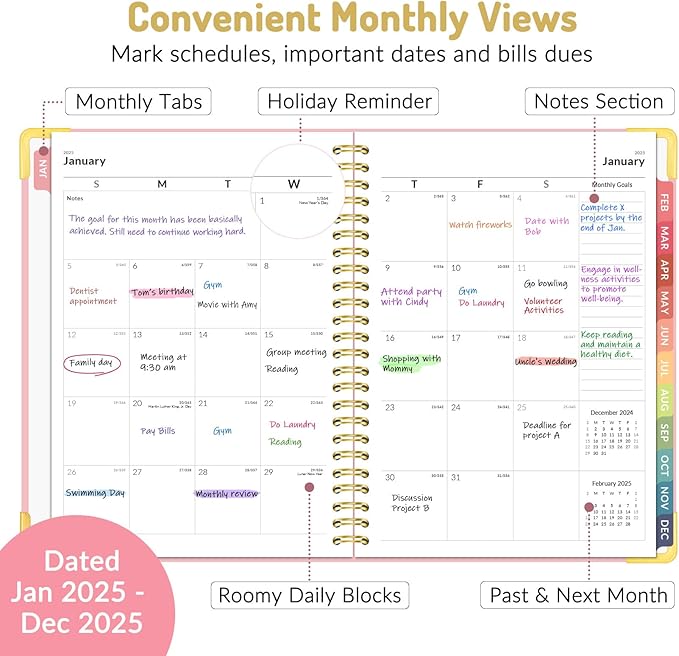 Forvencer 2025 Planner, Hardcover Weekly and Monthly Planner, January 2025 - December 2025, 6" x 8", Spiral Calendar Planner with Tabs, Exquisite Daily Organizer Notebook with Inner Pocket, Agenda Journal for Office Home School, A5 Size, Pink
