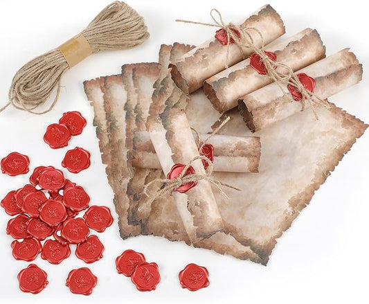 Vintage Writing Invitations Set Includes 100 Letter Antique Scroll Rustic Papers 100 Wax Seal Stickers 3 Strands of Twine for Valentines Mother Stationery Old Medieval Cardstock(8.5 x 11 Inch)