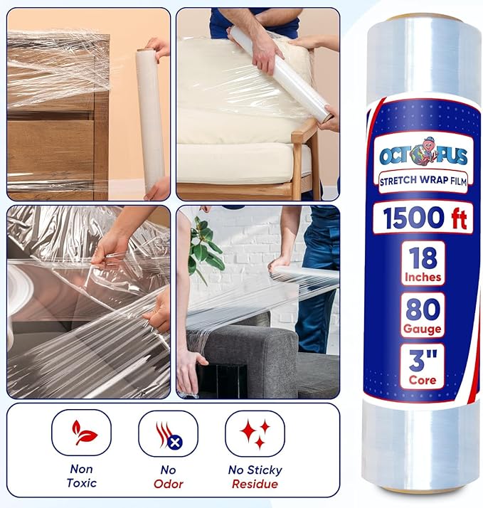 OCTOPUS Stretch Wrap, Industrial Strength 2 Roll Clear, 18” x 1500 feet, 80 Gauge (20 Micron), Heavy Duty Plastic Shrink Film for Packing, Wrapping, Bundling, Shipping, Pallets, and Moving Essentials