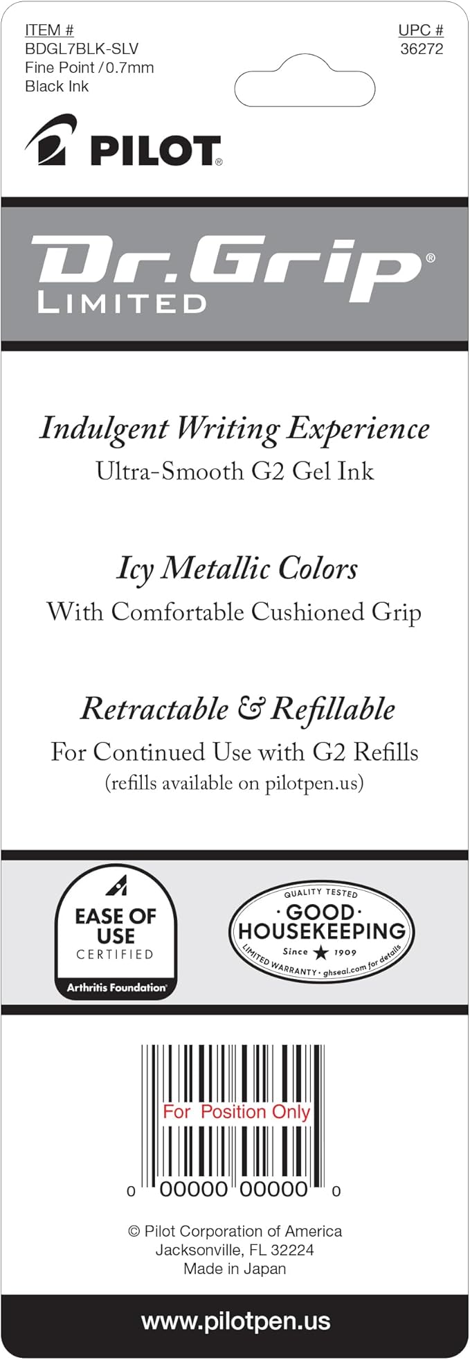 PILOT Dr. Grip Limited Refillable & Retractable Gel Ink Rolling Ball Pen, Fine Point, Metallic Platinum Barrel, Black Ink, Single Pen (36272)